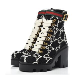 Gucci Tweed GG Monogram Lace Up Combat Ankle Boots